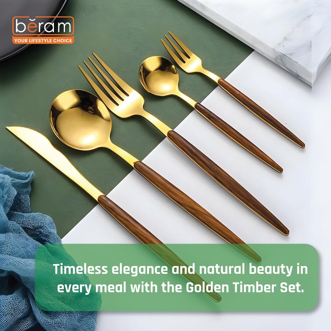 BERAM Golden Timber 5-Piece Cutlery Set – Gold Stainless Steel Flatware with Brown Wooden Handles – Elegant Dinnerware for Daily Use