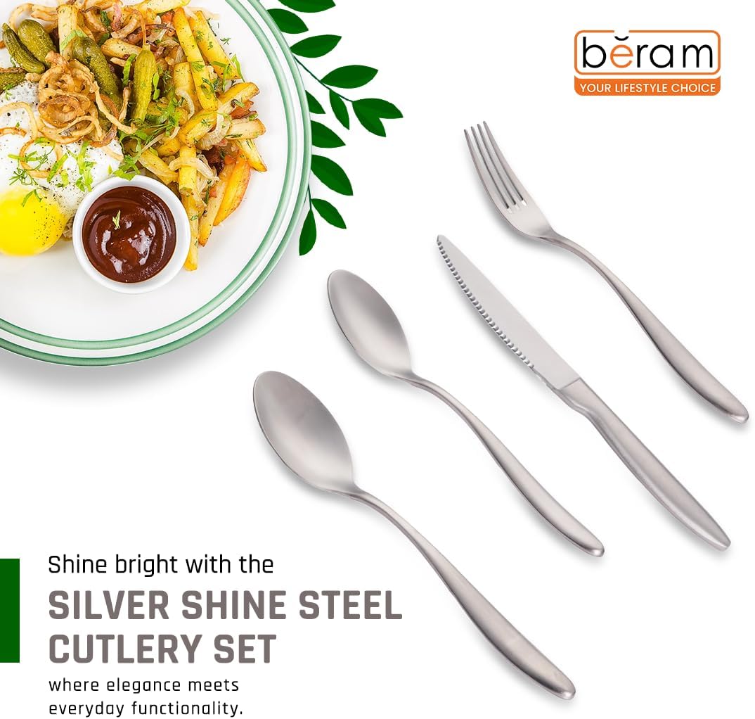 BERAM Silver Shine Steel Cutlery Set, Stainless Steel Flatware Set, 18/10 Grade, Kitchen Utensils Set, Tableware Set For Home, Restaurants, Hotels and More