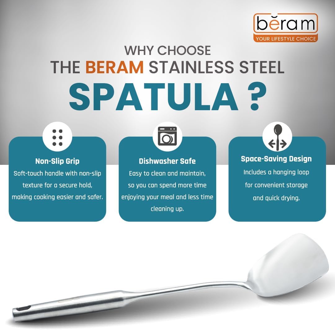 BERAM Stainless Steel Plain Handle Cooking Set, 304 Utensils Set of 6 with Stand – Pasta Server, Rice Scoop, Turner, Spatula, Soup Ladle, Skimmer – Kitchen Tools for Daily Use