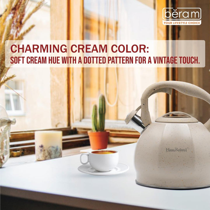 Haus Roland Whistling Kettle, Stovetop Tea Kettle, Stainless Teapot, 3 Liters with Dotted Grain Handles, Fast Boiling, Perfect for Homes, Picnics, and Parties