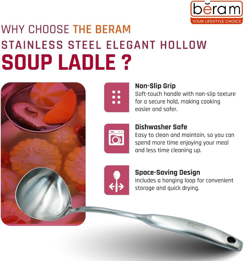 BERAM Elegant Hollow Handles Stainless Steel Cooking Utensils Set 6 Pieces Spatula Turner Rice Scoop Pasta Server Skimmer Soup Ladle Kitchen Tools for Daily Use Daily Use Cookware Set 304