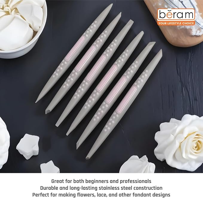 BERAM Fondant Tool Kit 6 Piece Cake Decorating Tools Set Engraving Pens & Needles Food-Grade Plastic Shaping & Molding Tools for DIY Cake Design Fondant & Sugar Craft Detailing Baking Accessories