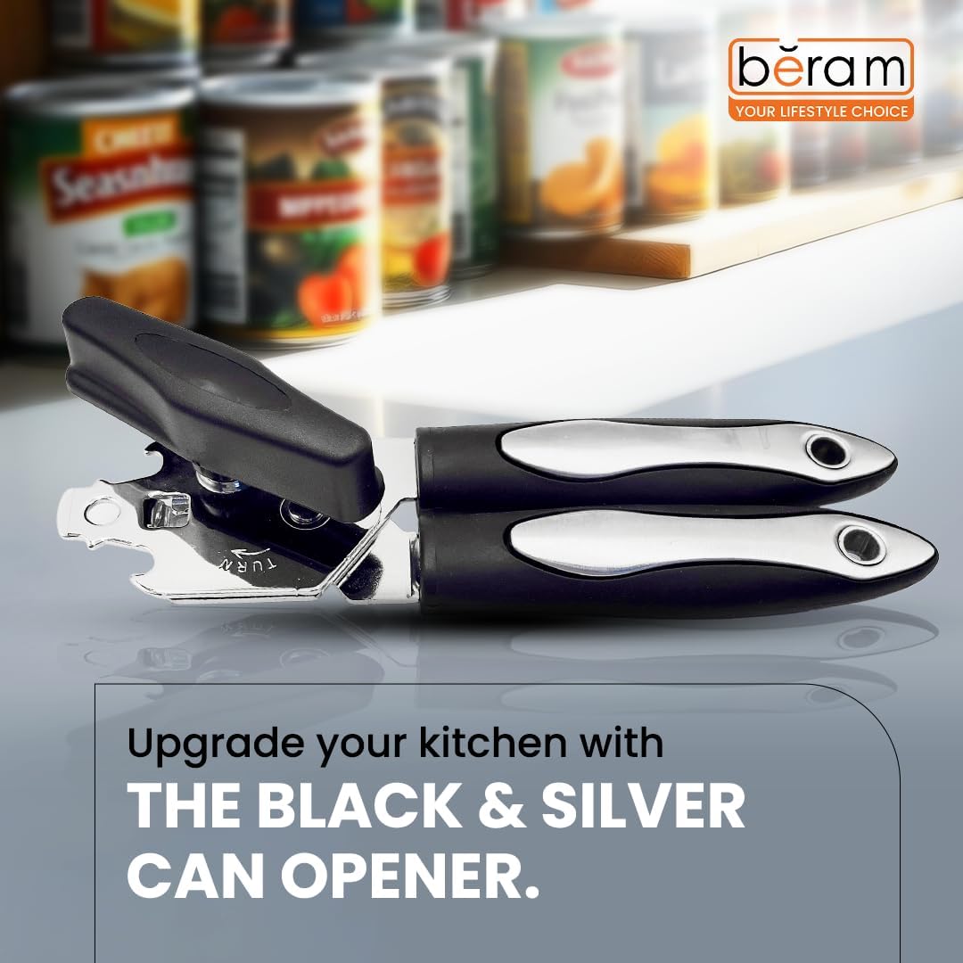 BERAM Manual Can Opener – Heavy Duty Stainless Steel Multi-Opener with Built-In Bottle Opener – Anti-Slip Grip, Large Turn Knob – Black & Silver Handheld Kitchen Tool