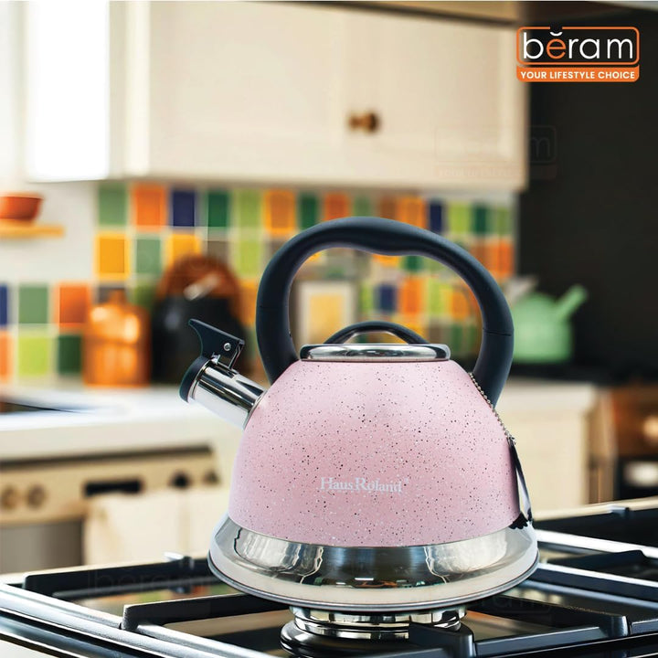 Haus Roland Whistling Kettle, Dotted Silver Striped, Stovetop Tea Kettle, Stainless Teapot, 3.5 Liters with Dotted Grain Handles, Fast Boiling, Perfect for Homes, Picnics, and Parties