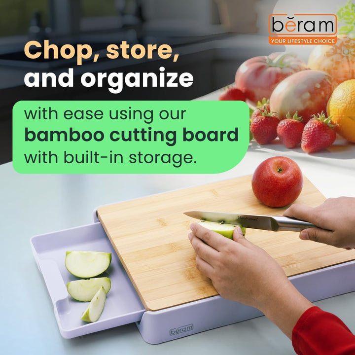 BERAM Bamboo Chopping Board, Wooden Cutting Board for Kitchen Use, Food Storage Mechanism, Wall Mounted Design, Multi-Purpose Surface Protector