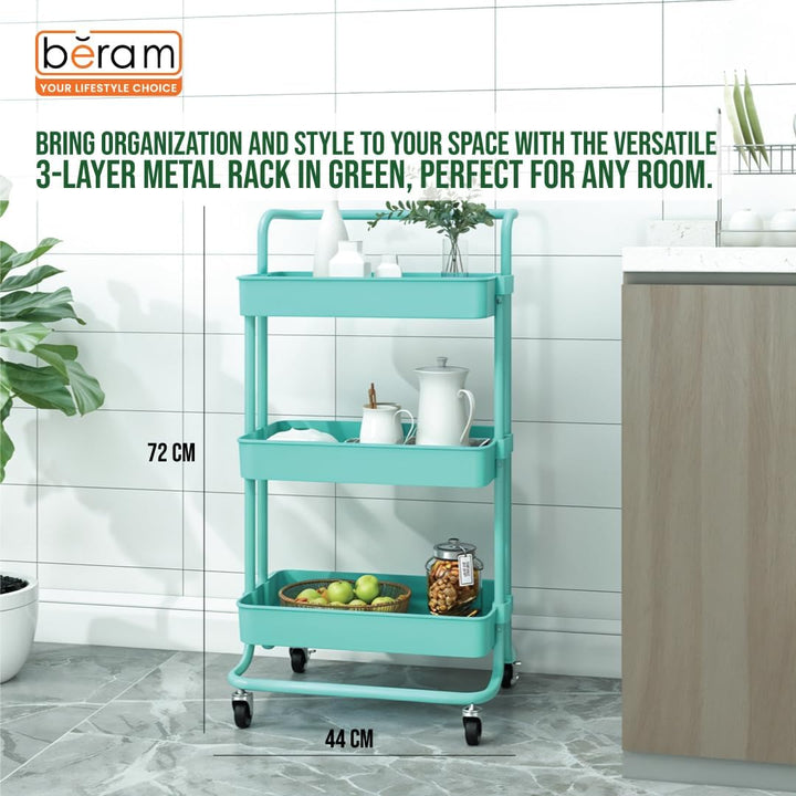 BERAM 3-Tier Metal Storage Rack with Handle & Smooth-Rolling Wheels – Heavy-Duty Basket Shelf Organizer for Kitchen Bathroom Pantry and Home Organization – Durable Space-Saving Utility Cart Green