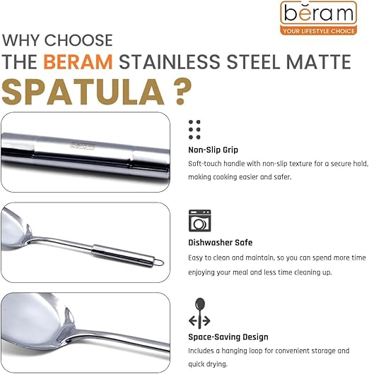 BERAM Stainless Steel Cooking Utensils Set – 6-Piece Kitchen Tool Set with Pasta Server Turner Spatula Skimmer Rice Scoop & Soup Ladle – Durable Matte Silver Cookware Utensils