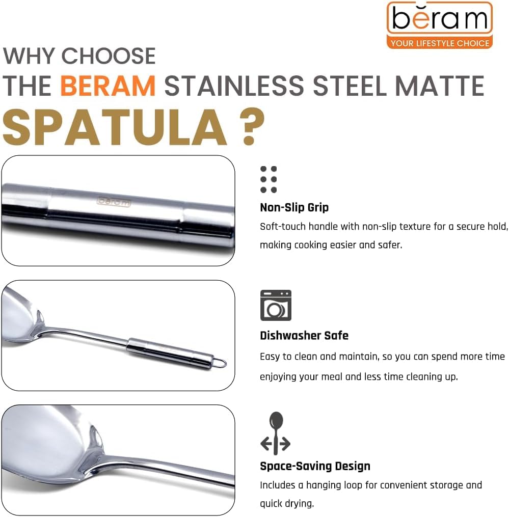 BERAM Stainless Steel Cooking Utensils Set – 6-Piece Kitchen Tool Set with Pasta Server Turner Spatula Skimmer Rice Scoop & Soup Ladle – Durable Matte Silver Cookware Utensils