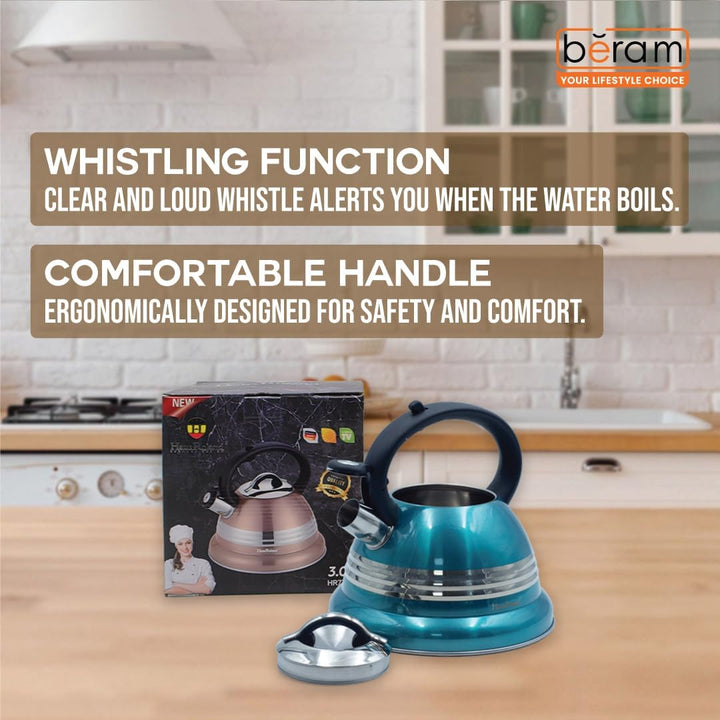 Haus Roland Stainless Steel Tea Kettle, 3 Litres, Whistling Teapot, Stove Top, Stone Finish, Anti-Hot Handle, Anti-Rust, Loud Whistle, Fast Boiling Kitchen Utensil