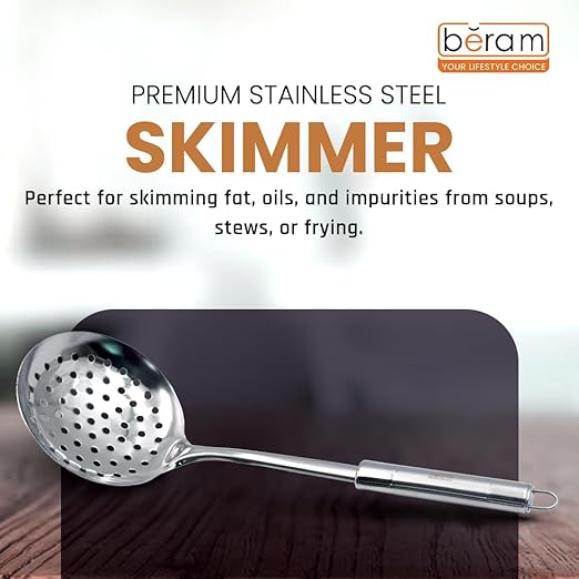 BERAM Stainless Steel Cooking Utensils Set – 6-Piece Kitchen Tool Set with Pasta Server Turner Spatula Skimmer Rice Scoop & Soup Ladle – Durable Matte Silver Cookware Utensils