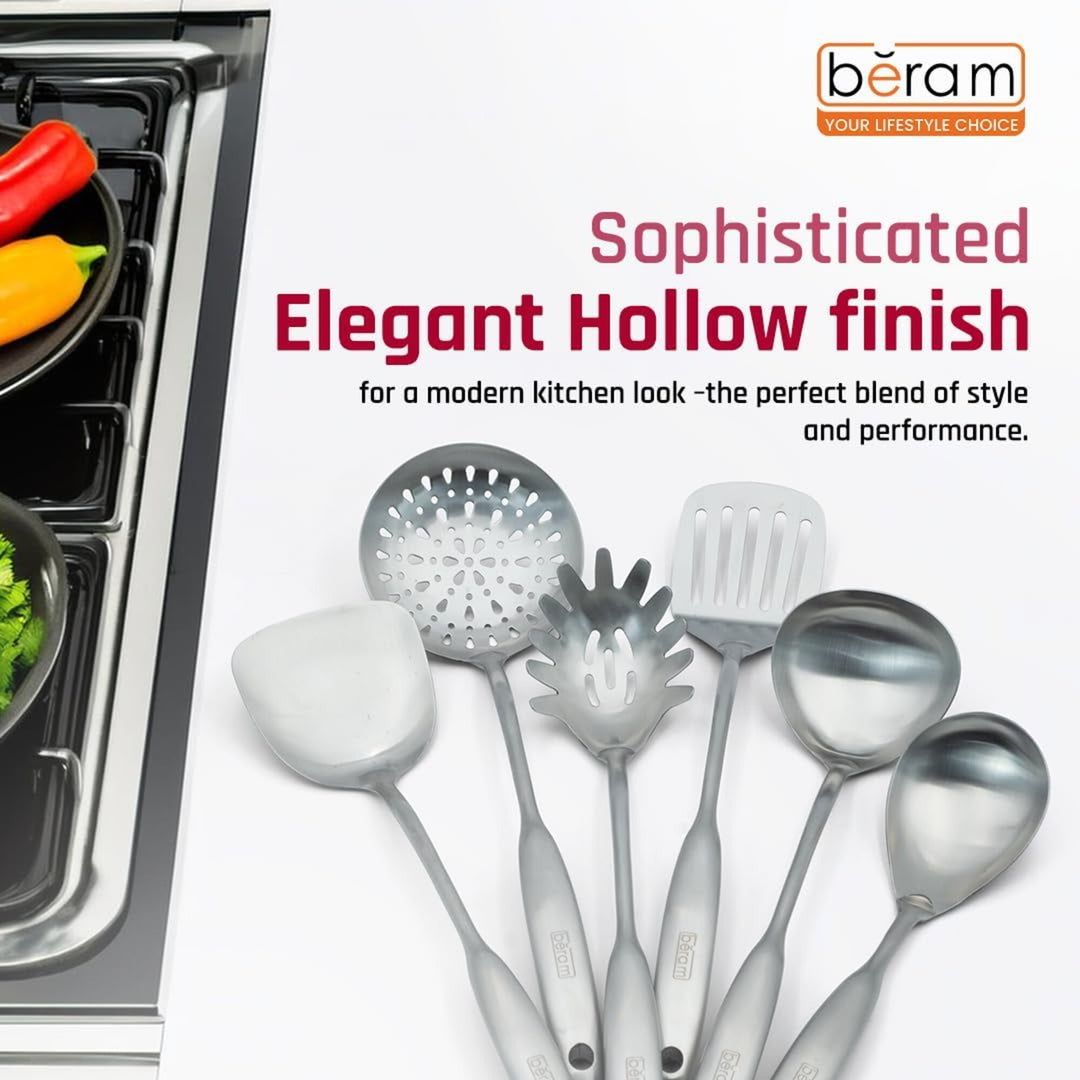 BERAM Elegant Hollow Handles Stainless Steel Cooking Utensils Set 6 Pieces Spatula Turner Rice Scoop Pasta Server Skimmer Soup Ladle Kitchen Tools for Daily Use Daily Use Cookware Set 304