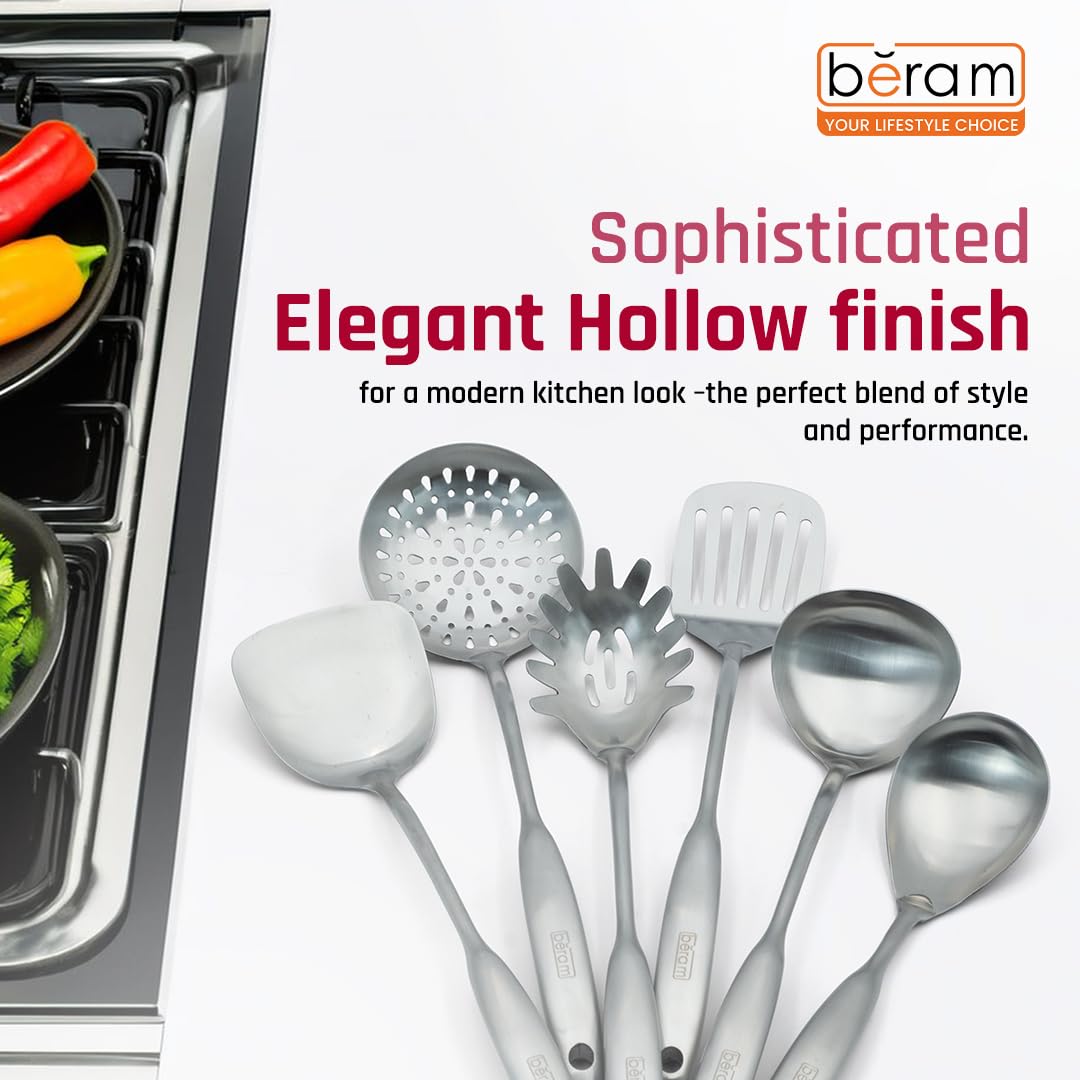 BERAM Elegant Hollow Handles Stainless Steel Cooking Utensils Set 6 Pieces Spatula Turner Rice Scoop Pasta Server Skimmer Soup Ladle Kitchen Tools for Daily Use Daily Use Cookware Set 304