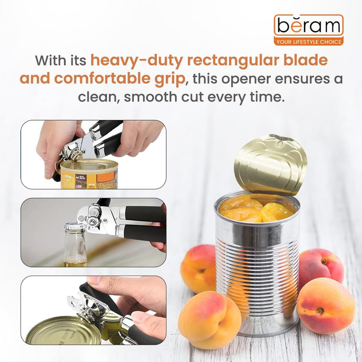 BERAM Manual Can Opener with Rectangular Edge – Heavy Duty Stainless Steel Multi-Opener with Built-In Bottle Opener – Anti-Slip Grip, Large Turn Knob, Handheld Tool, Black
