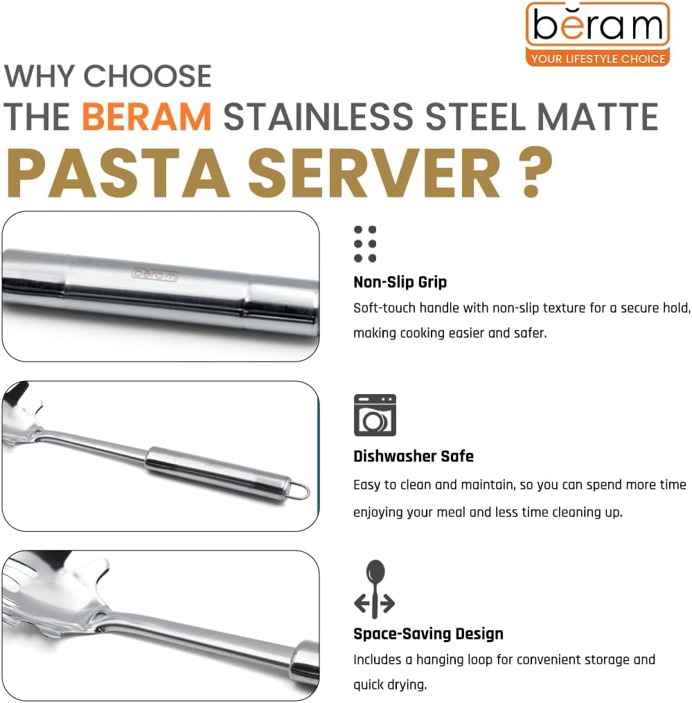 BERAM Stainless Steel Cooking Utensils Set – 6-Piece Kitchen Tool Set with Pasta Server Turner Spatula Skimmer Rice Scoop & Soup Ladle – Durable Matte Silver Cookware Utensils