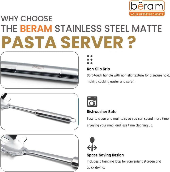BERAM Stainless Steel Cooking Utensils Set – 6-Piece Kitchen Tool Set with Pasta Server Turner Spatula Skimmer Rice Scoop & Soup Ladle – Durable Matte Silver Cookware Utensils