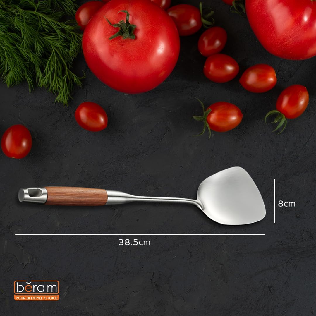 Beram Stainless Steel Wooden Spatula, 38.5cm x 8cm, Non-Stick, Food Grade, Compact