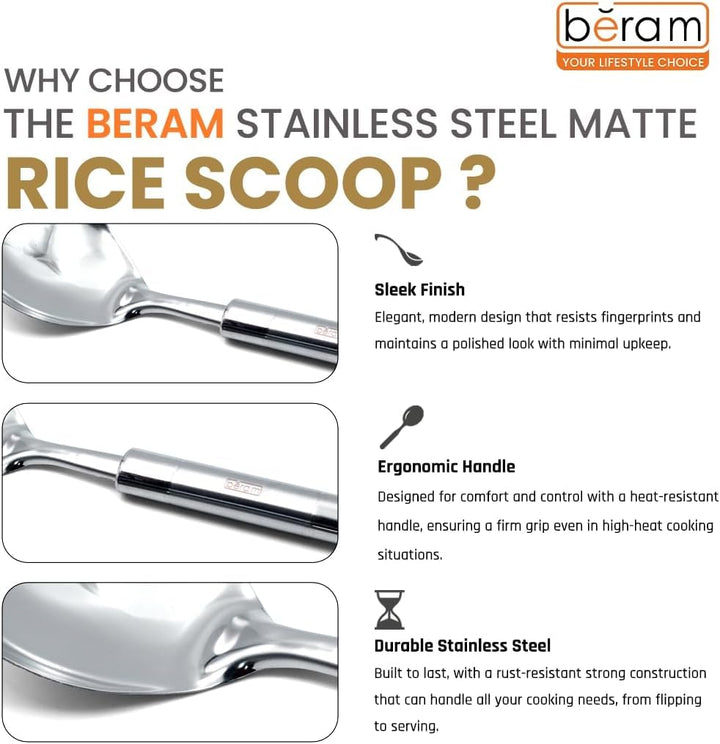 BERAM Stainless Steel Cooking Utensils Set – 6-Piece Kitchen Tool Set with Pasta Server Turner Spatula Skimmer Rice Scoop & Soup Ladle – Durable Matte Silver Cookware Utensils