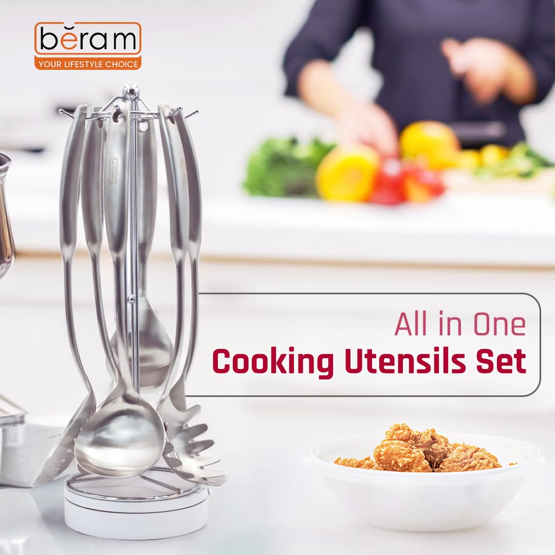 BERAM Elegant Hollow Handles Stainless Steel Cooking Utensils Set 6 Pieces Spatula Turner Rice Scoop Pasta Server Skimmer Soup Ladle Kitchen Tools for Daily Use Daily Use Cookware Set 304