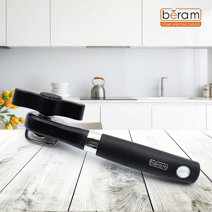 BERAM Manual Can Opener – Heavy Duty Stainless Steel Lid Opening Tool with Curved Handles – Handheld Multiopener with Sharp Blades & Smooth Edge Cutting