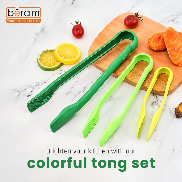 BERAM Plastic Kitchen Tongs Set of 3 Food Serving and BBQ Tongs for Bread Salad Fruit Buffet and Grilling Durable BPA Free Reusable Utility Tongs for Home Party and Daily Use