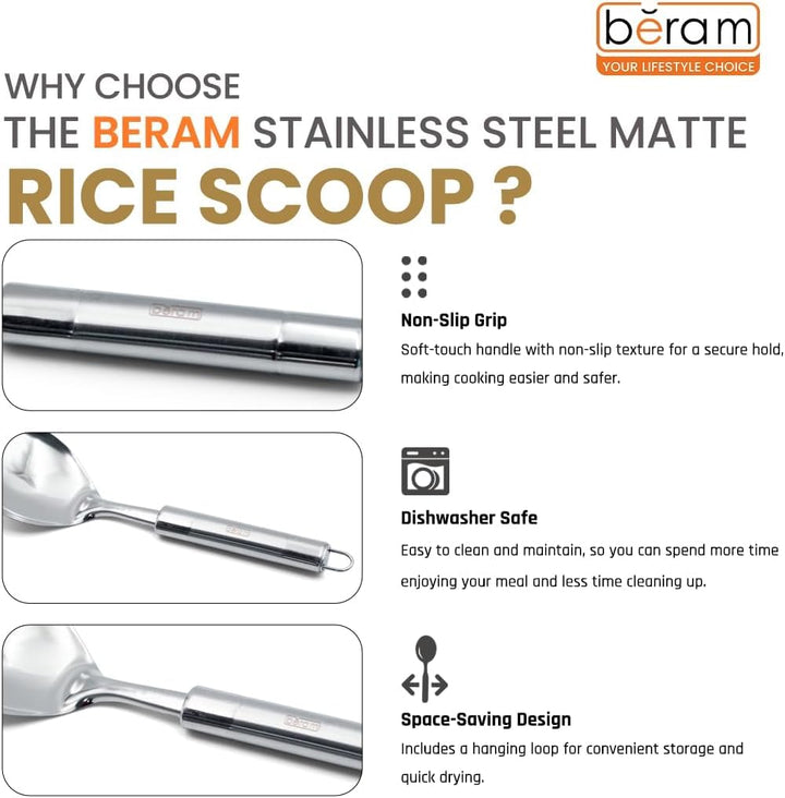 BERAM Stainless Steel Cooking Utensils Set – 6-Piece Kitchen Tool Set with Pasta Server Turner Spatula Skimmer Rice Scoop & Soup Ladle – Durable Matte Silver Cookware Utensils