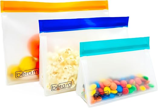 BERAM Reusable Storage Bags Standing Ziploc Containers Dishwasher Safe Leak Proof BPA Free PEVA Material Freezer Safe Lunch and Sandwich Bags Food Safe Picnic and Travel Bags