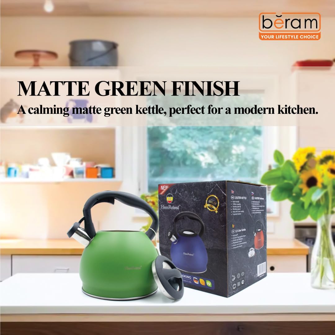 Haus Roland Whistling Kettle, Stainless Steel Tea Kettle, 3 Liters, Whistling Teapot, Ergonomic Handle Teapot, Lid with Nylon Knob, Suitable For Induction and Gas., Full Matte Design