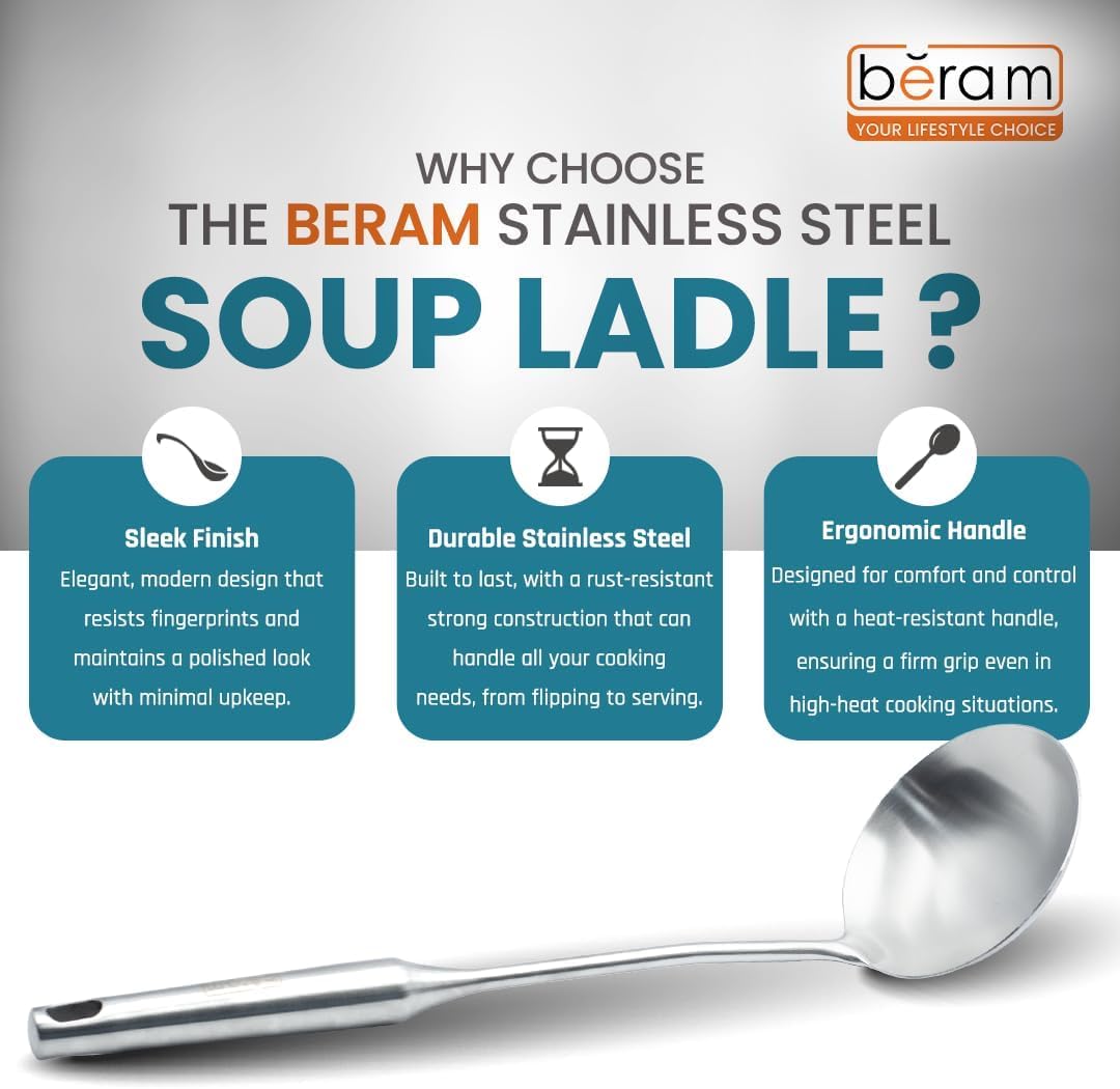 BERAM Stainless Steel Plain Handle Cooking Set, 304 Utensils Set of 6 with Stand – Pasta Server, Rice Scoop, Turner, Spatula, Soup Ladle, Skimmer – Kitchen Tools for Daily Use