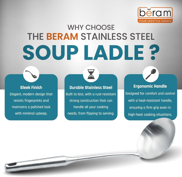 BERAM Stainless Steel Plain Handle Cooking Set, 304 Utensils Set of 6 with Stand – Pasta Server, Rice Scoop, Turner, Spatula, Soup Ladle, Skimmer – Kitchen Tools for Daily Use