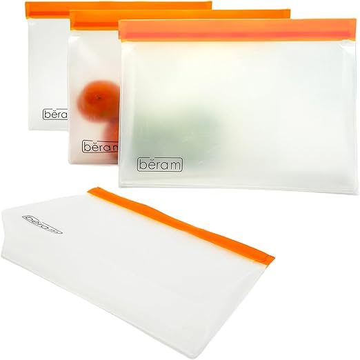 BERAM Reusable Storage Bags Standing Ziploc Containers Dishwasher Safe Leak Proof BPA Free PEVA Material Freezer Safe Lunch and Sandwich Bags Food Safe Picnic and Travel Bags