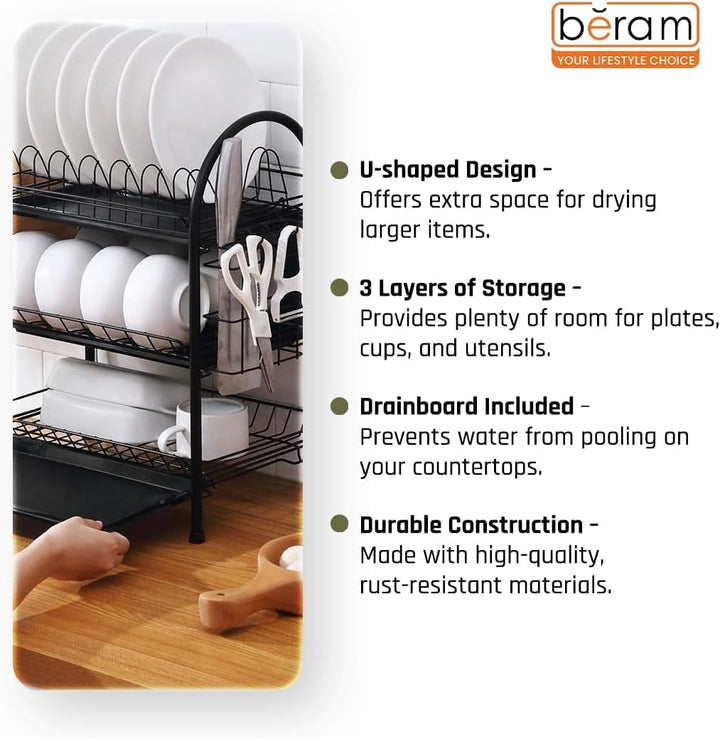 BERAM 3-Tier Dish Drying Rack – Large Capacity Kitchen Organizer with Utensil Holder, Knife Block, Cutting Board Rack & Drip Tray – Rust-Proof Dish Drainer Stand – Black