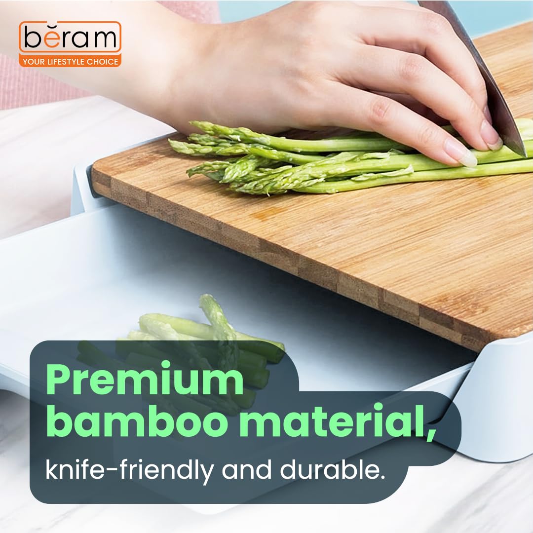 BERAM Bamboo Chopping Board with Storage Tray 2 in 1 Wooden Cutting Board Kitchen Chopping Block Food Prepration Tray Slide Out Container Multi Purpose Vegetable Meat Fruit Board Space Saving Design