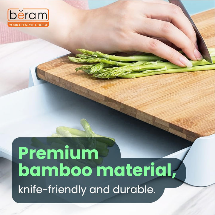 BERAM Bamboo Chopping Board with Storage Tray 2 in 1 Wooden Cutting Board Kitchen Chopping Block Food Prepration Tray Slide Out Container Multi Purpose Vegetable Meat Fruit Board Space Saving Design
