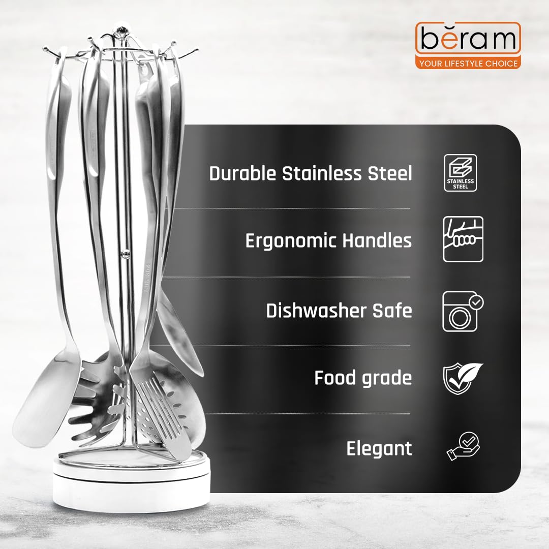 BERAM Cooking Utensils Set S-Shaped 304 Stainless Steel Silverware Cookware Set Includes Spatula Skimmer Soup Ladle Turner Pasta Server Rice Scoop with Multipurpose Stand
