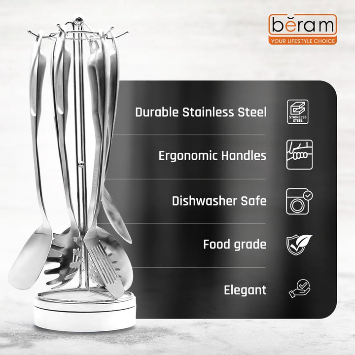 BERAM Cooking Utensils Set S-Shaped 304 Stainless Steel Silverware Cookware Set Includes Spatula Skimmer Soup Ladle Turner Pasta Server Rice Scoop with Multipurpose Stand