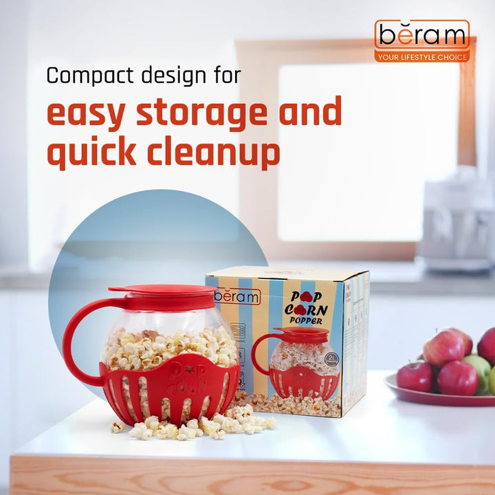 BERAM Microwave Popcorn Maker, Family Size Popcorn Popper with Temperature Safe Glass, 3 in 1 Lid, Measures Kernels and Melts Butter, House Party, Movie Nights and Daily Use