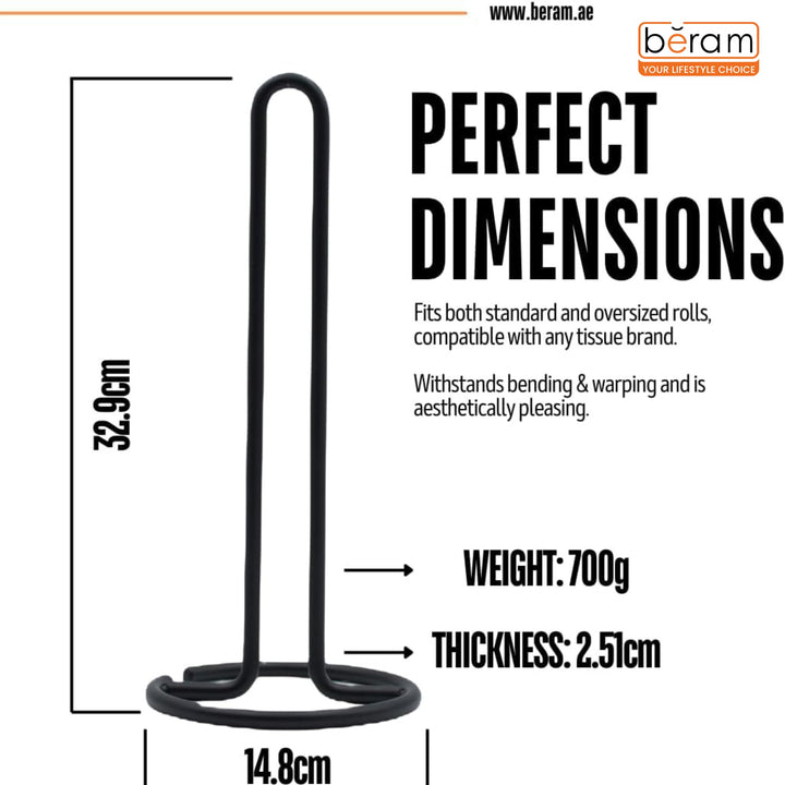 BERAM Tissue Holder for Kitchen Standing Premium Iron Black Paper Towel Stand Elevated Base Aesthetic Counter Top Rack Vertical Roll Stand for Hotels & Homes