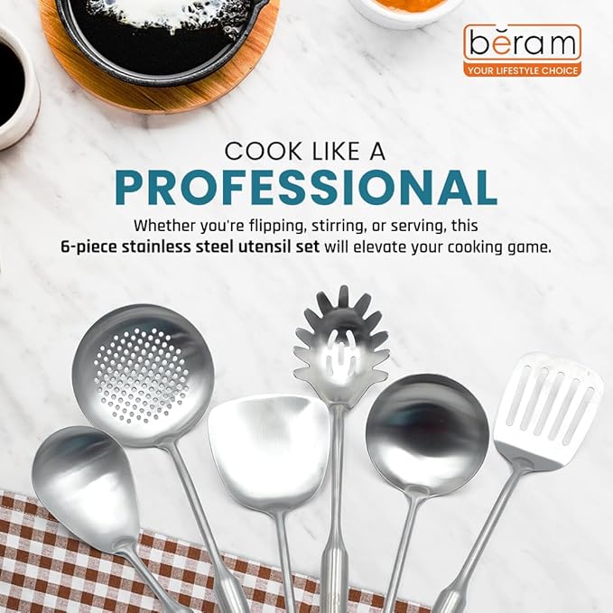 BERAM Stainless Steel Cooking Set, 304 Utensils Set of 6 with Stand – Pasta Server, Rice Scoop, Turner, Spatula, Soup Ladle, Skimmer – Kitchen Tools for Daily Use