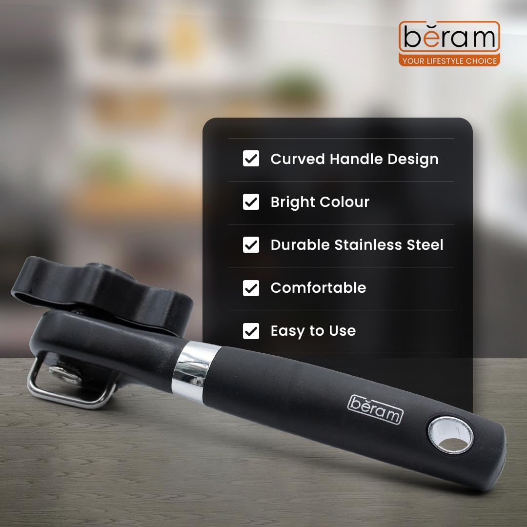 BERAM Manual Can Opener – Heavy Duty Stainless Steel Lid Opening Tool with Curved Handles – Handheld Multiopener with Sharp Blades & Smooth Edge Cutting