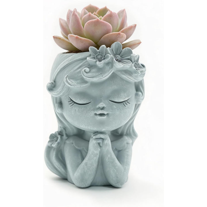 Bonsai Craft Vase 4-Set Pray Dream Flower Blessing Dolls Grey Polyresin Decorative Succulent Planters Elegant Home Office Desk Decor Flower Pots Pen Pencil Holders Propagator Kit Gift