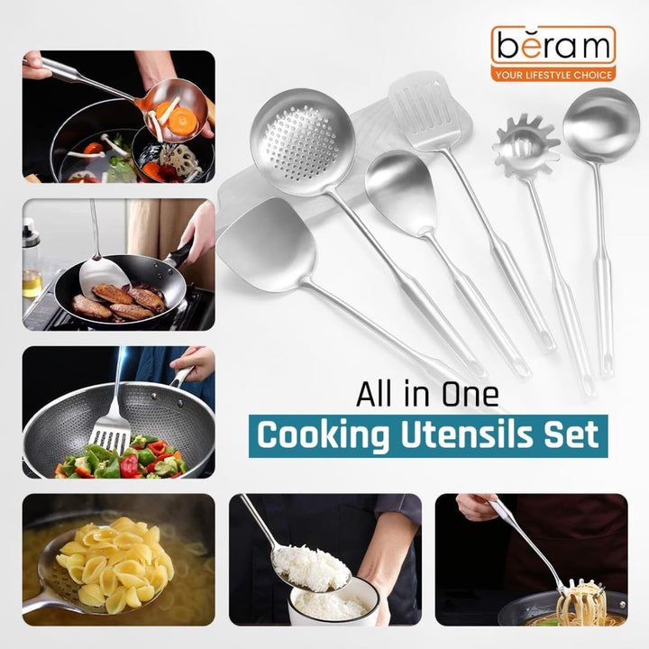 BERAM Stainless Steel Plain Handle Cooking Set, 304 Utensils Set of 6 with Stand – Pasta Server, Rice Scoop, Turner, Spatula, Soup Ladle, Skimmer – Kitchen Tools for Daily Use