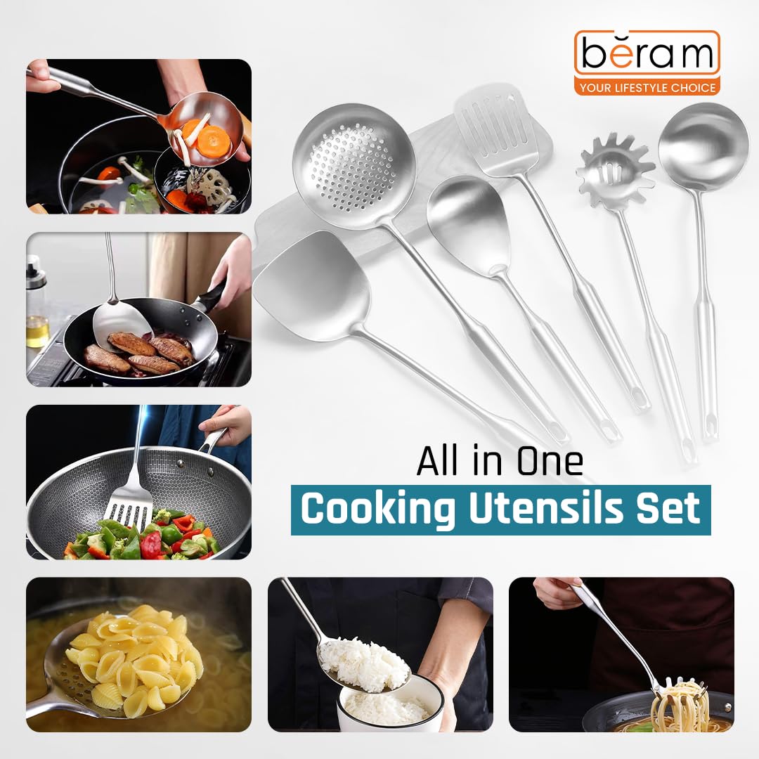 BERAM Stainless Steel Plain Handle Cooking Set, 304 Utensils Set of 6 with Stand – Pasta Server, Rice Scoop, Turner, Spatula, Soup Ladle, Skimmer – Kitchen Tools for Daily Use