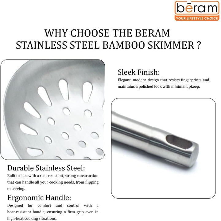 BERAM Cooking Utensils Set 304 Stainless Steel 6 Pieces Soup Spoon Spatula Slotted Turner Rice Scoop Pasta Server Skimmer Food Grade Kitchen Tools with Bamboo Shaped Handles
