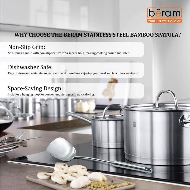 BERAM Cooking Utensils Set 304 Stainless Steel 6 Pieces Soup Spoon Spatula Slotted Turner Rice Scoop Pasta Server Skimmer Food Grade Kitchen Tools with Bamboo Shaped Handles