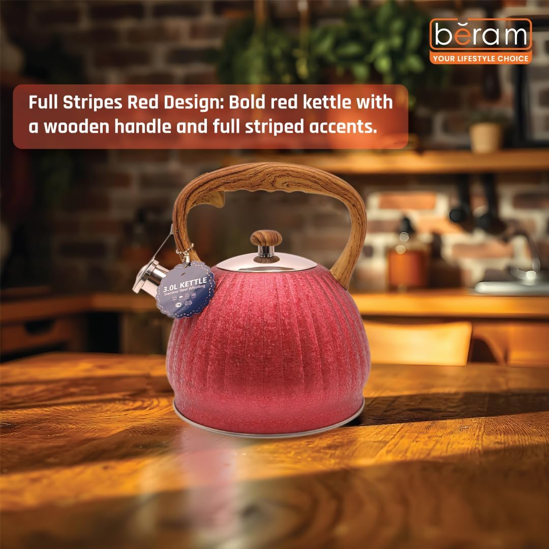 Haus Roland Whistling Kettle, Wooden Handles with Stripes, Stovetop Tea Kettle, Stainless Teapot, 3 Liters, Fast Boiling, Perfect for Homes, Picnics, and Parties