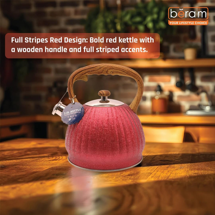 Haus Roland Whistling Kettle, Wooden Handles with Stripes, Stovetop Tea Kettle, Stainless Teapot, 3 Liters, Fast Boiling, Perfect for Homes, Picnics, and Parties