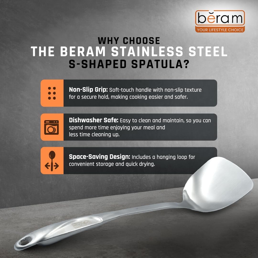 BERAM Cooking Utensils Set S-Shaped 304 Stainless Steel Silverware Cookware Set Includes Spatula Skimmer Soup Ladle Turner Pasta Server Rice Scoop with Multipurpose Stand