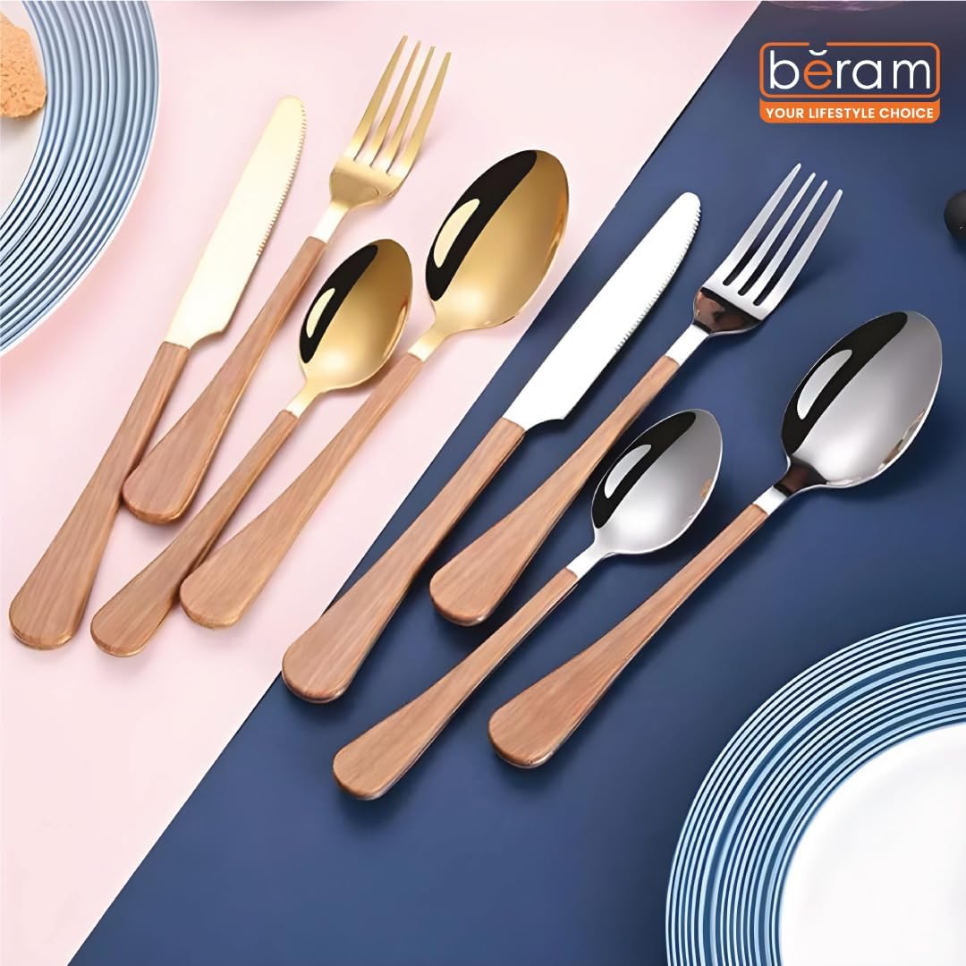 BERAM  Blended Wooden Cutlery Set Premium 4-Piece Stainless Steel Flatware with Natural Wood Handles  Elegant Dining Utensils for Home Kitchen Parties Daily Meals & Special Occasions