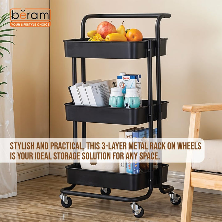BERAM 3-Tier Metal Storage Rack with Handle & Smooth-Rolling Wheels Heavy-Duty 3-Basket Shelves Organizer for Kitchen Bathroom Pantry and Home Storage Durable Space-Saving Black