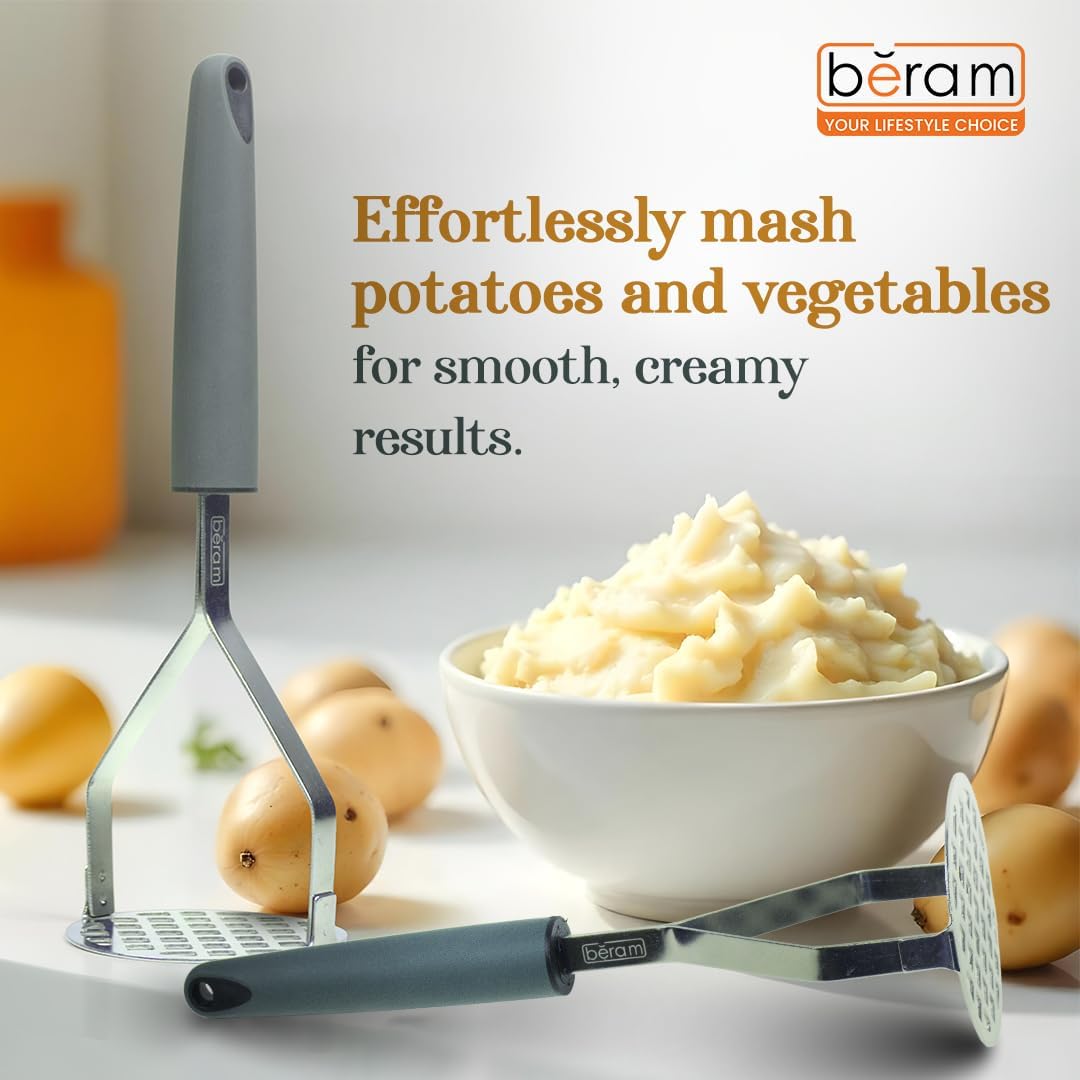 BERAM Potato Masher, Ricer for Vegetables, Stainless Steel with Comfortable Handle, Lump Free Tool, Perfect For Mashing Potatoes, Apples, Beans, Peas, and More, Heavy Duty Kitchen Tool